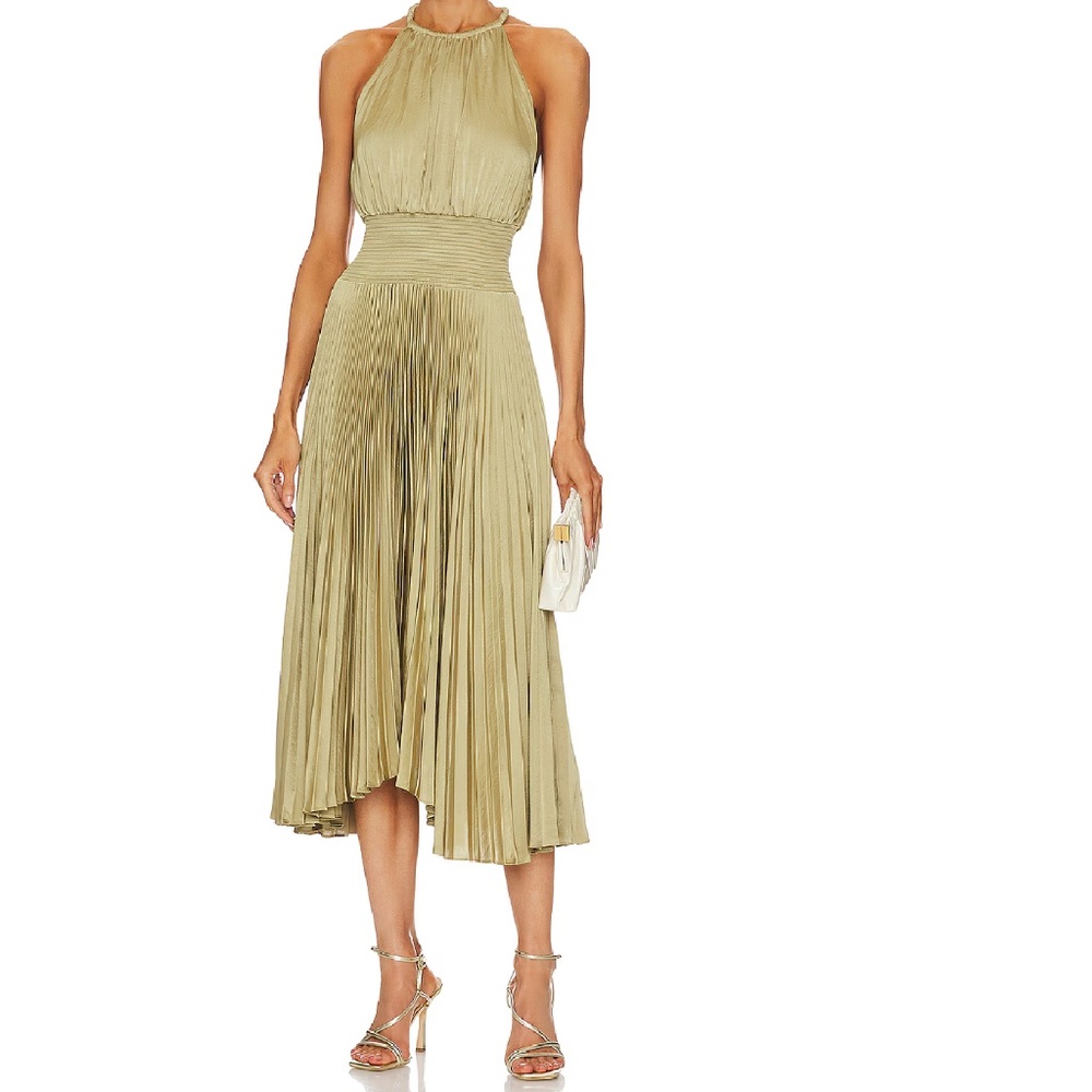 ALC Elmwood Olive Green Renzo II Pleated Sleeveless Midi Dress